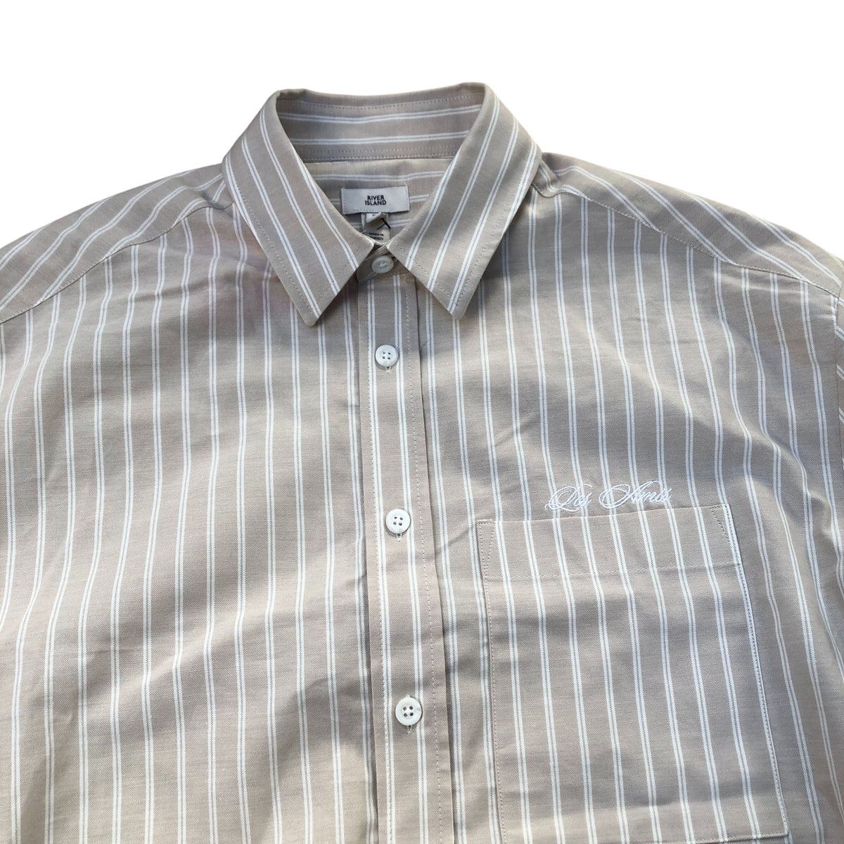 River Island Long Sleeve Shirt Beige Striped 100 Cotton With Pocket