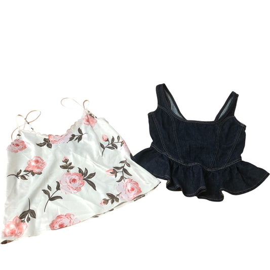 Floral Print White Tank Top And Denim Peplum Top Set Women's Size UK6
