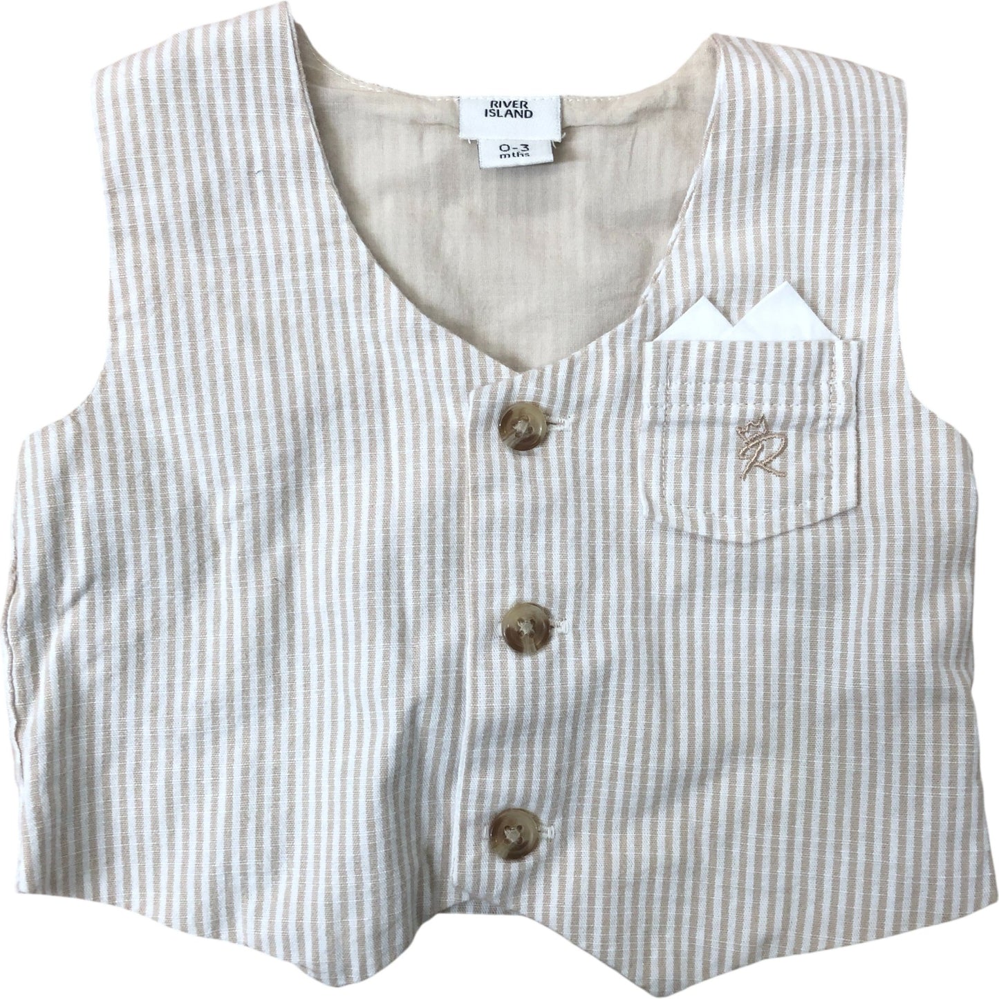 River Island Toddler Waistcoat 0-3 Months Beige Striped Cotton Button Up