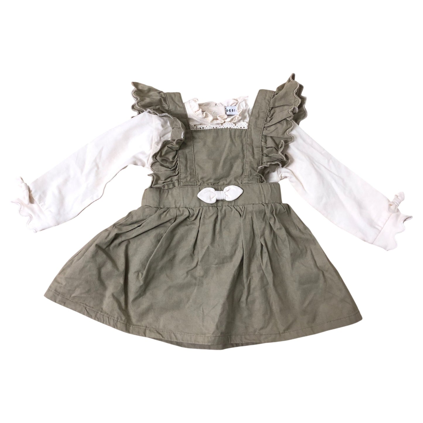 Girls Pinafore Dress With Top 6-12 Months Ruffled Long Sleeve Olive Green