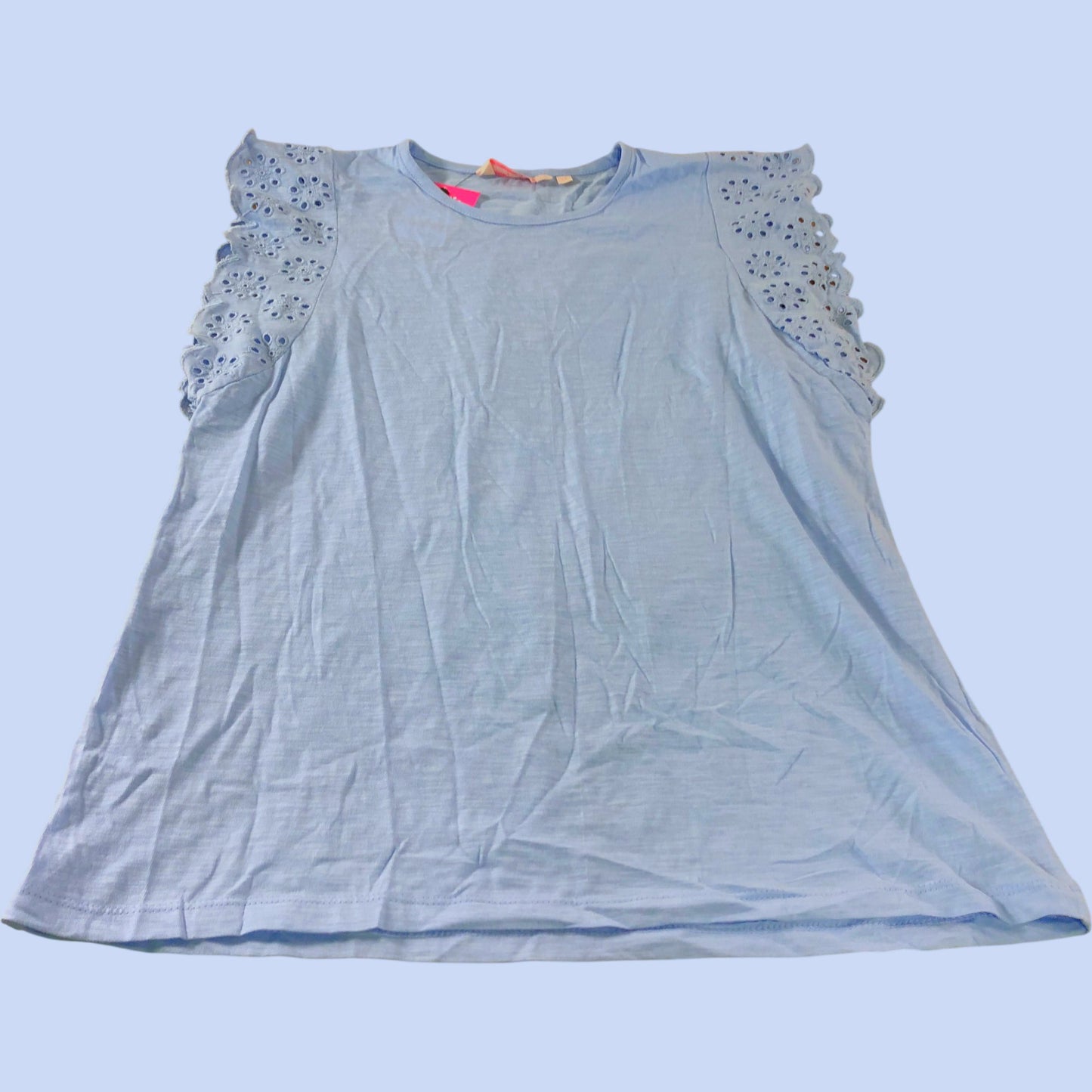 River Island Top Size 14 Light Blue Lace Sleeve Elegant Cotton Tee