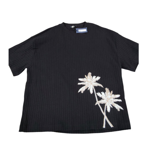 River Island XL Black T-Shirt Men's Short Sleeve Ribbed Palm Tree Design