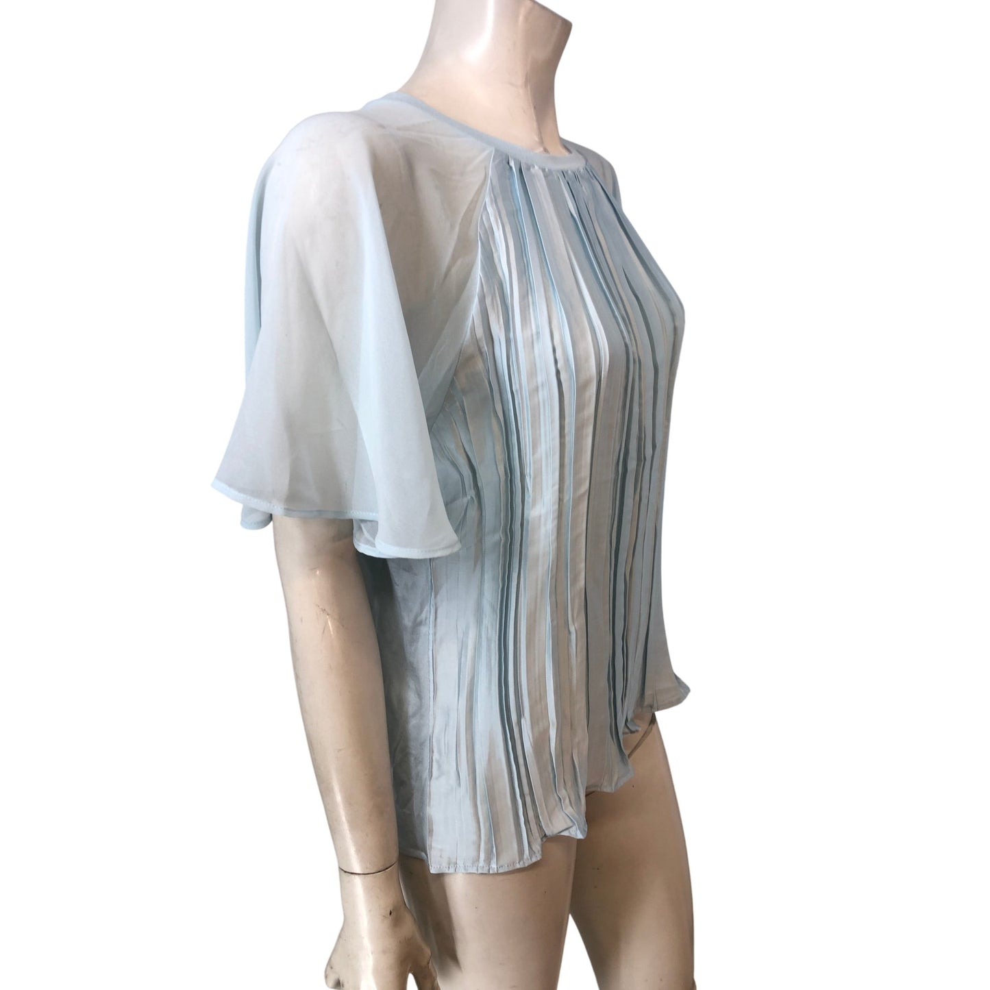 River Island Women's Pleated Blouse UK12 Light Blue Short Sleeve Top