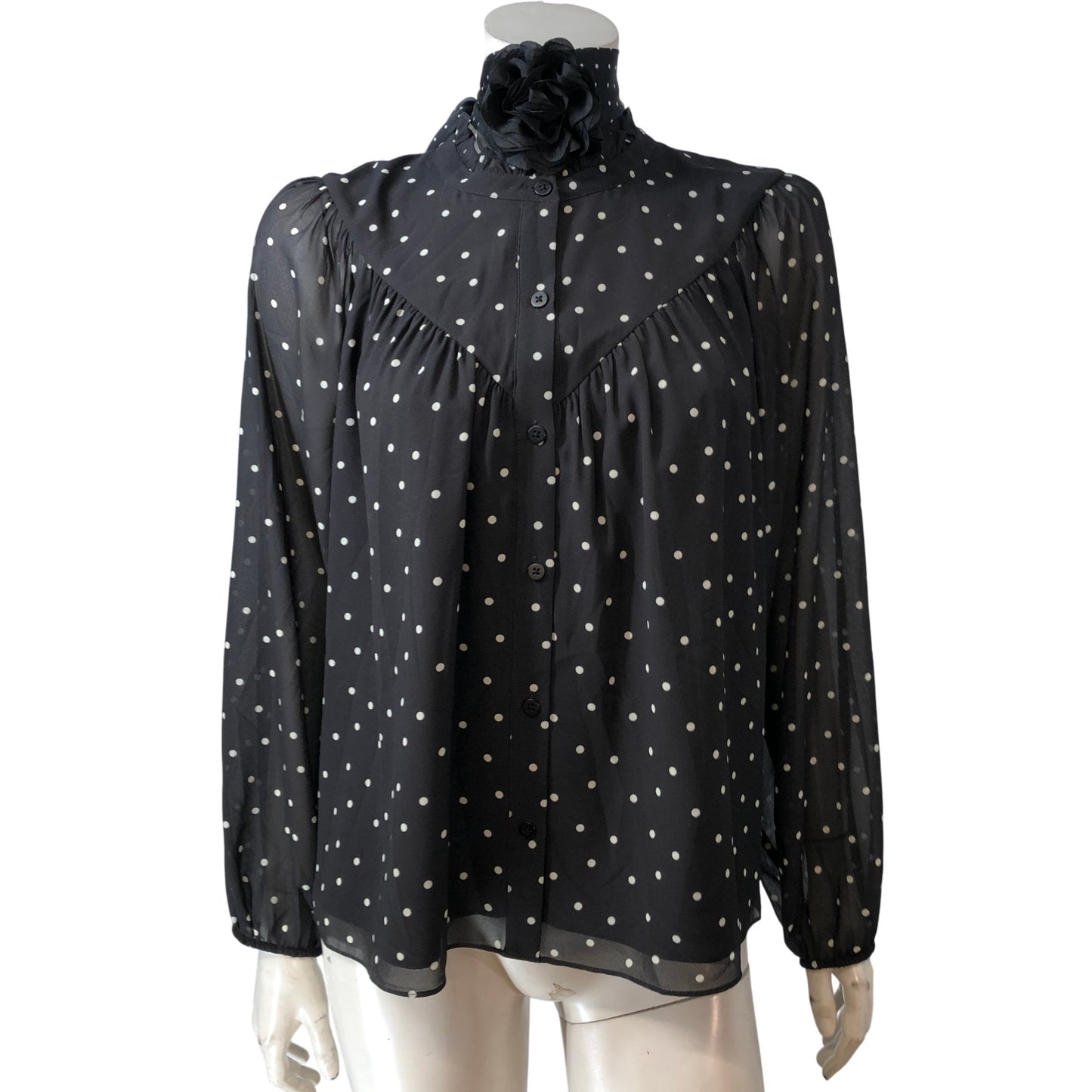Polka Dot Blouse UK12 Women's Sheer Long Sleeve Black Top with Scarf