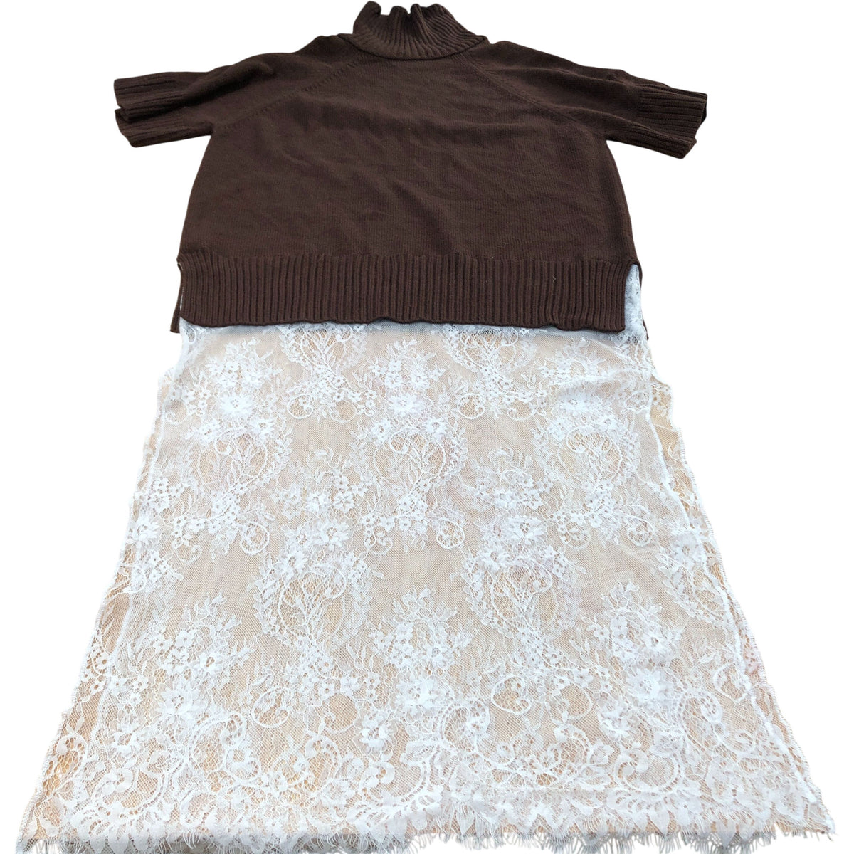 Brown Short Sleeve Turtle Neck Sweater Dress Women's Lace Trim Size M