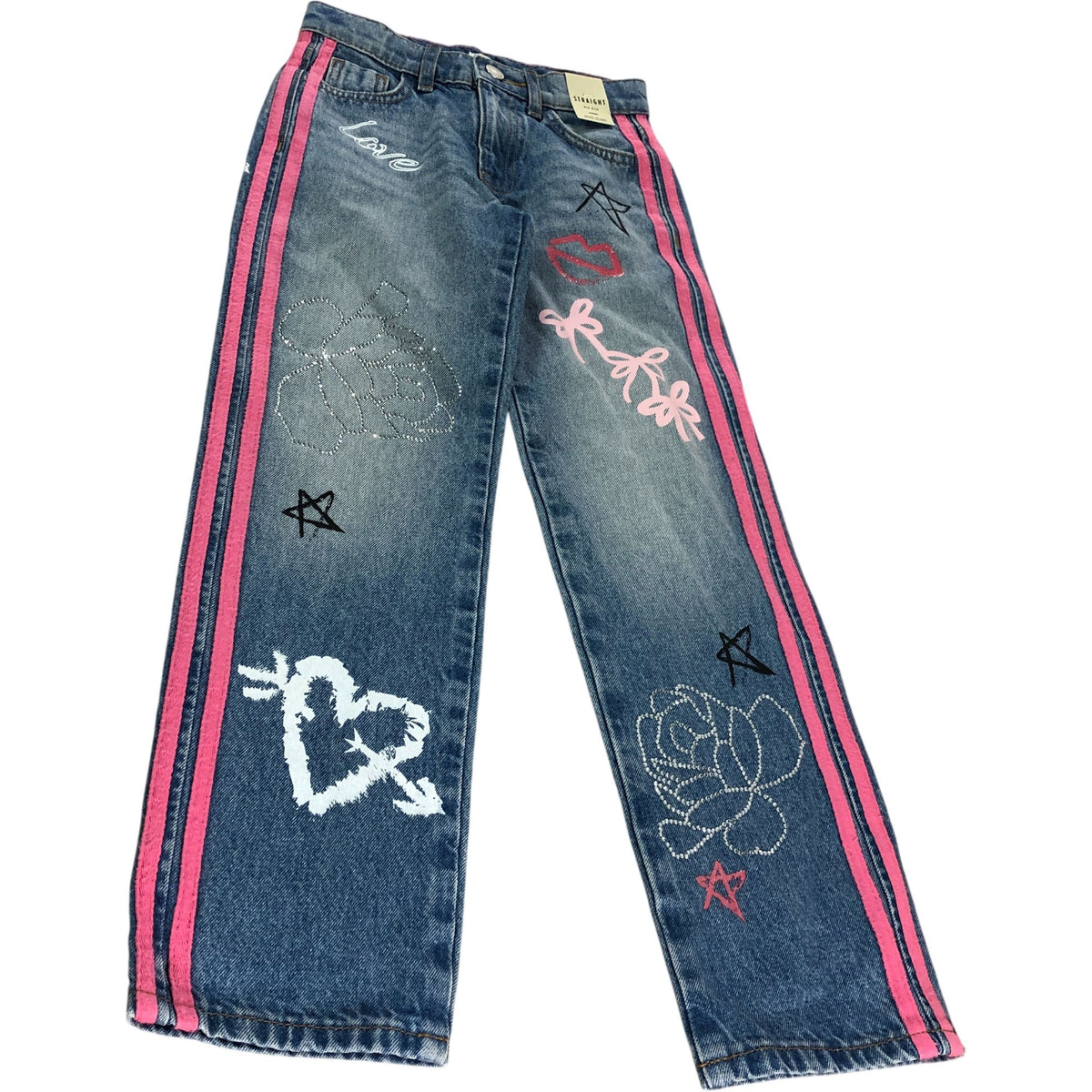 River Island Straight Jeans 8Yrs Girls Mid Rise Love Print Denim