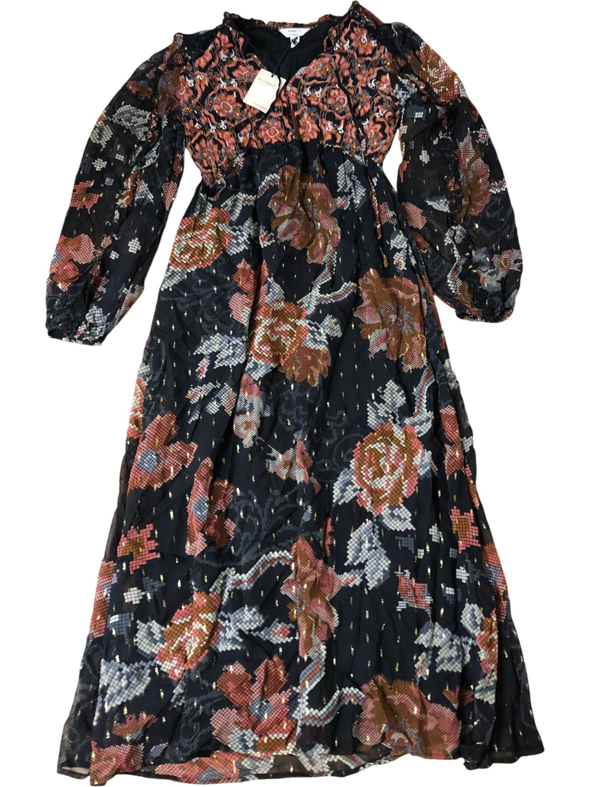 River Island Floral Maxi Dress Women's Long Sleeve Black Embroidered Style - 8