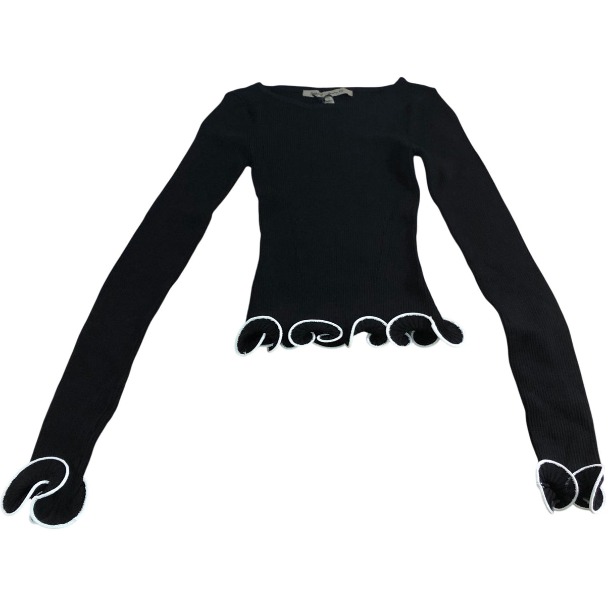 River Island Black Ribbed Long Sleeve Top UK XS Women's Wave Hem