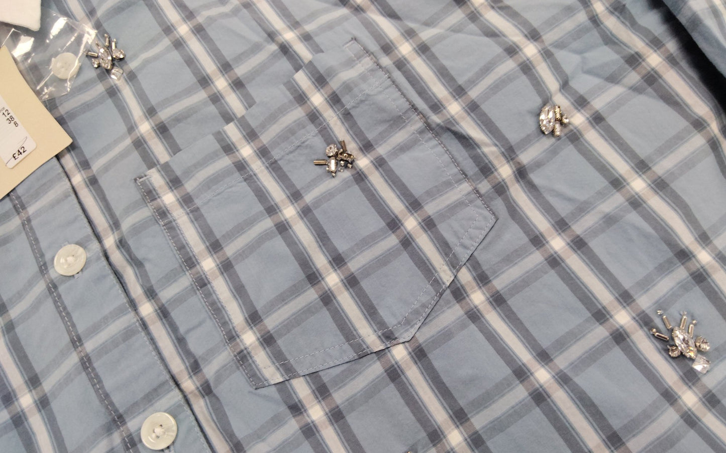 River Island Checked Blue Shirt Women Size 12 Embellished Long Sleeve