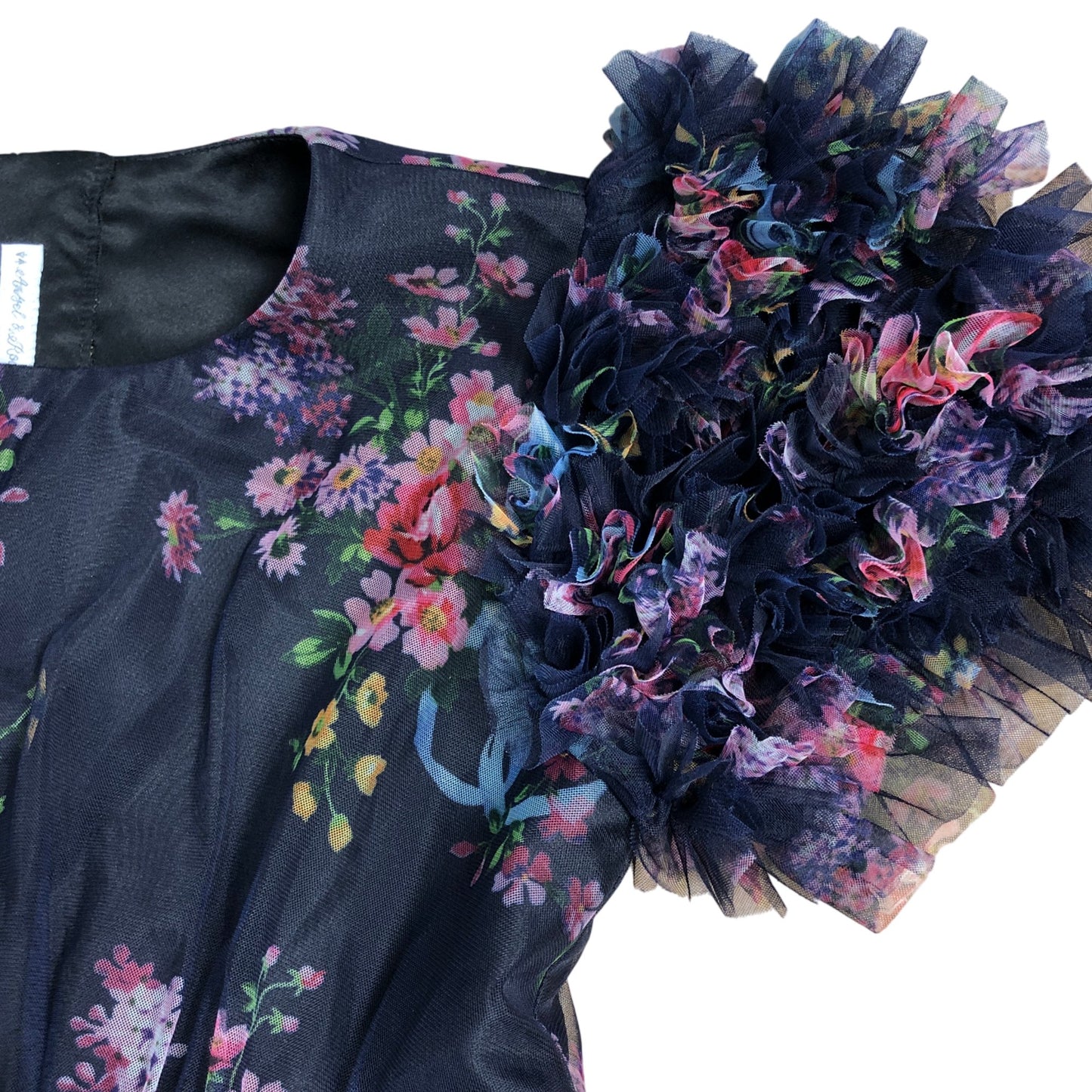 Angel & Rocket Floral Dress Girls Size 6-7 Years Dark Blue Ruffle Sleeve