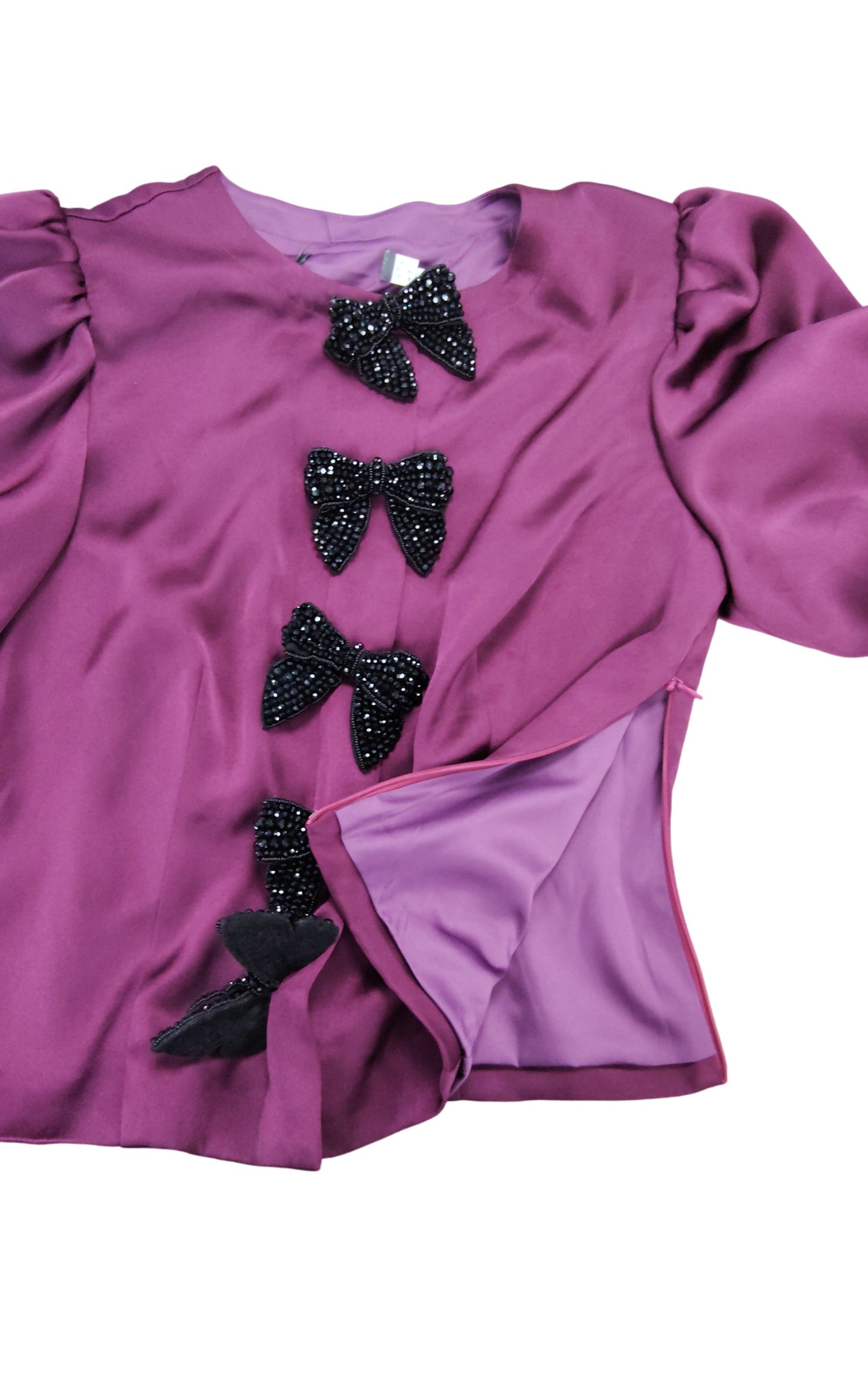 Purple Satin Blouse UK12 Women's Puff Sleeve Beaded Bow Detail Top