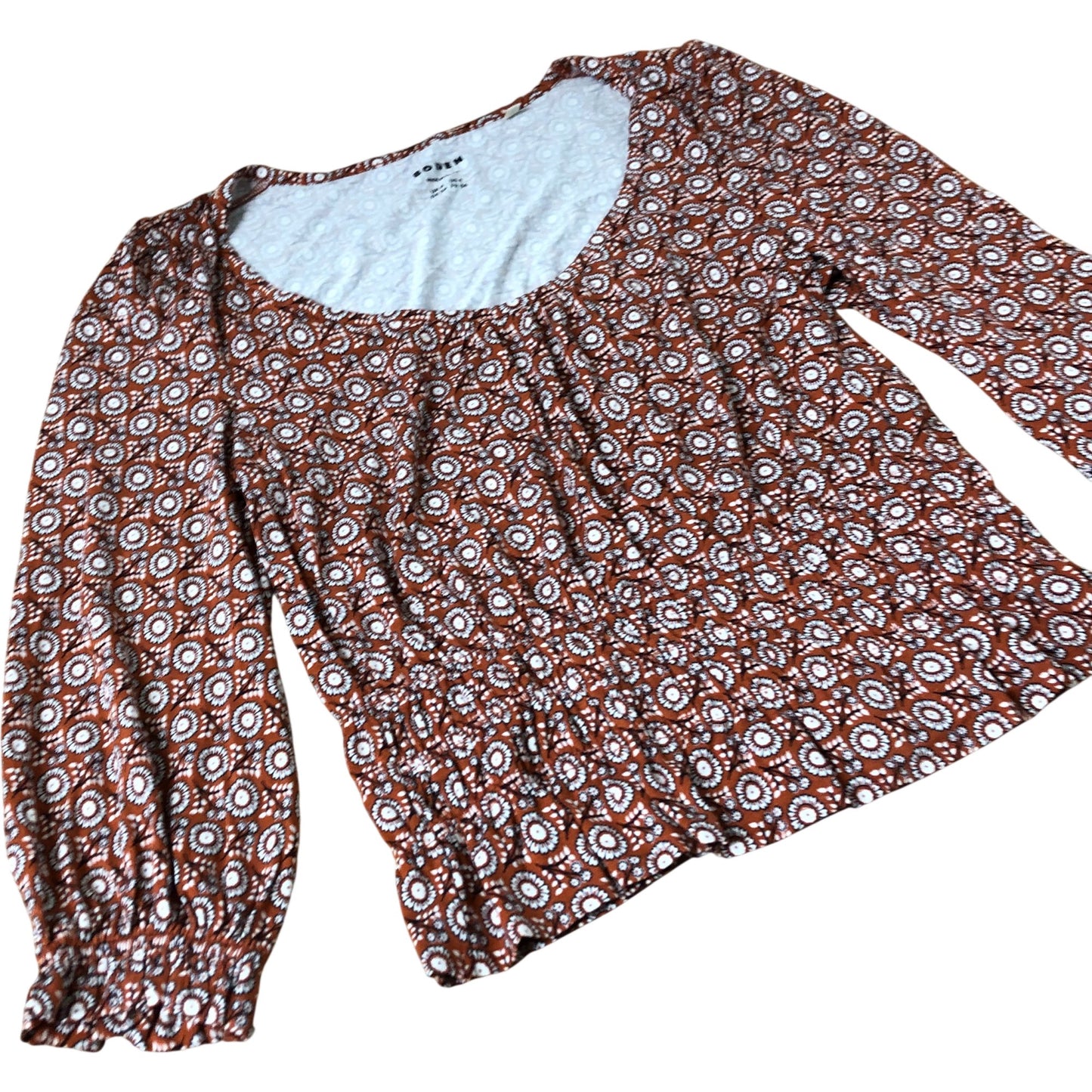Floral Print Top Women's Long Sleeve Smock Viscose Brown White UK8