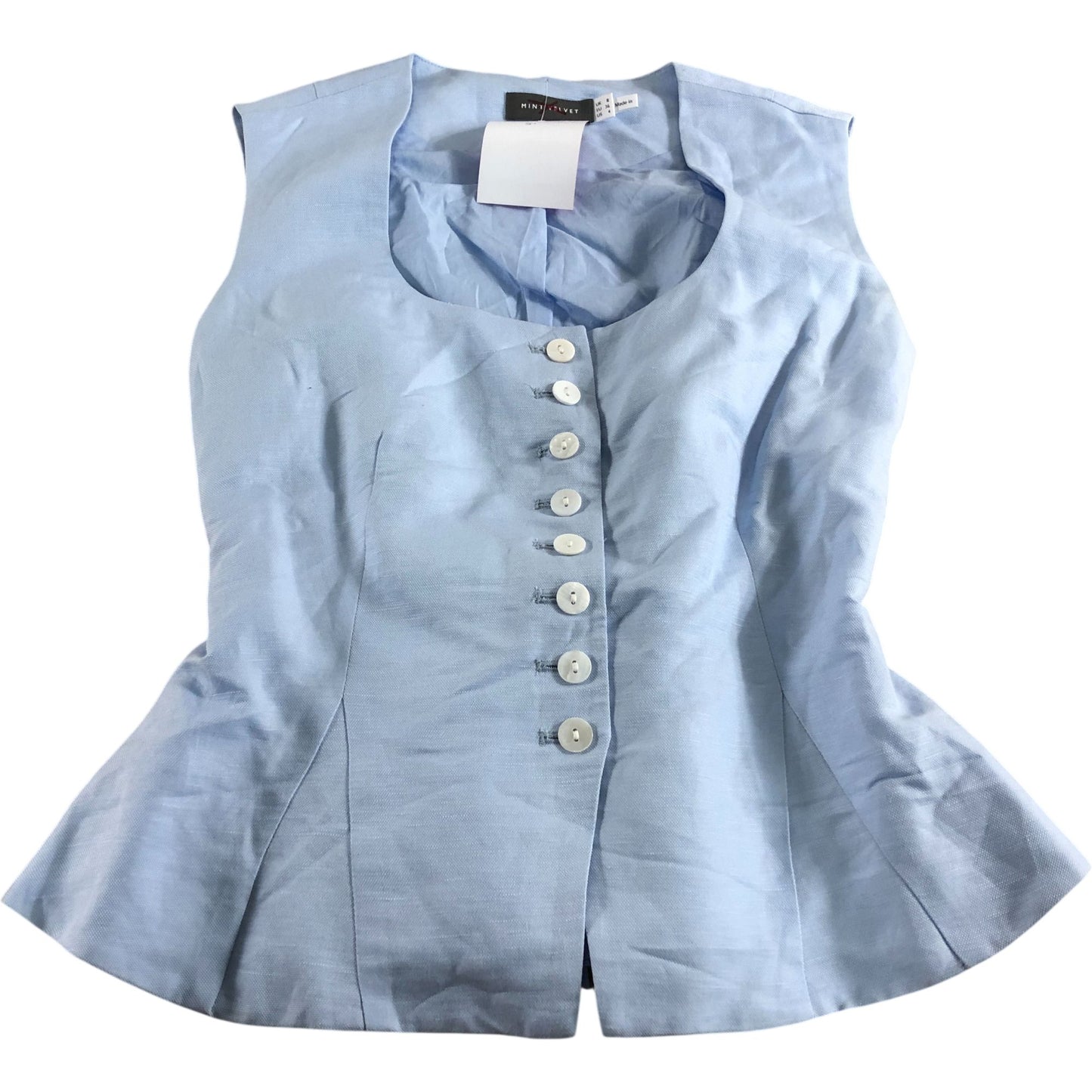 Blue Peplum Blouse UK8 Women's Button Front Sleeveless Top