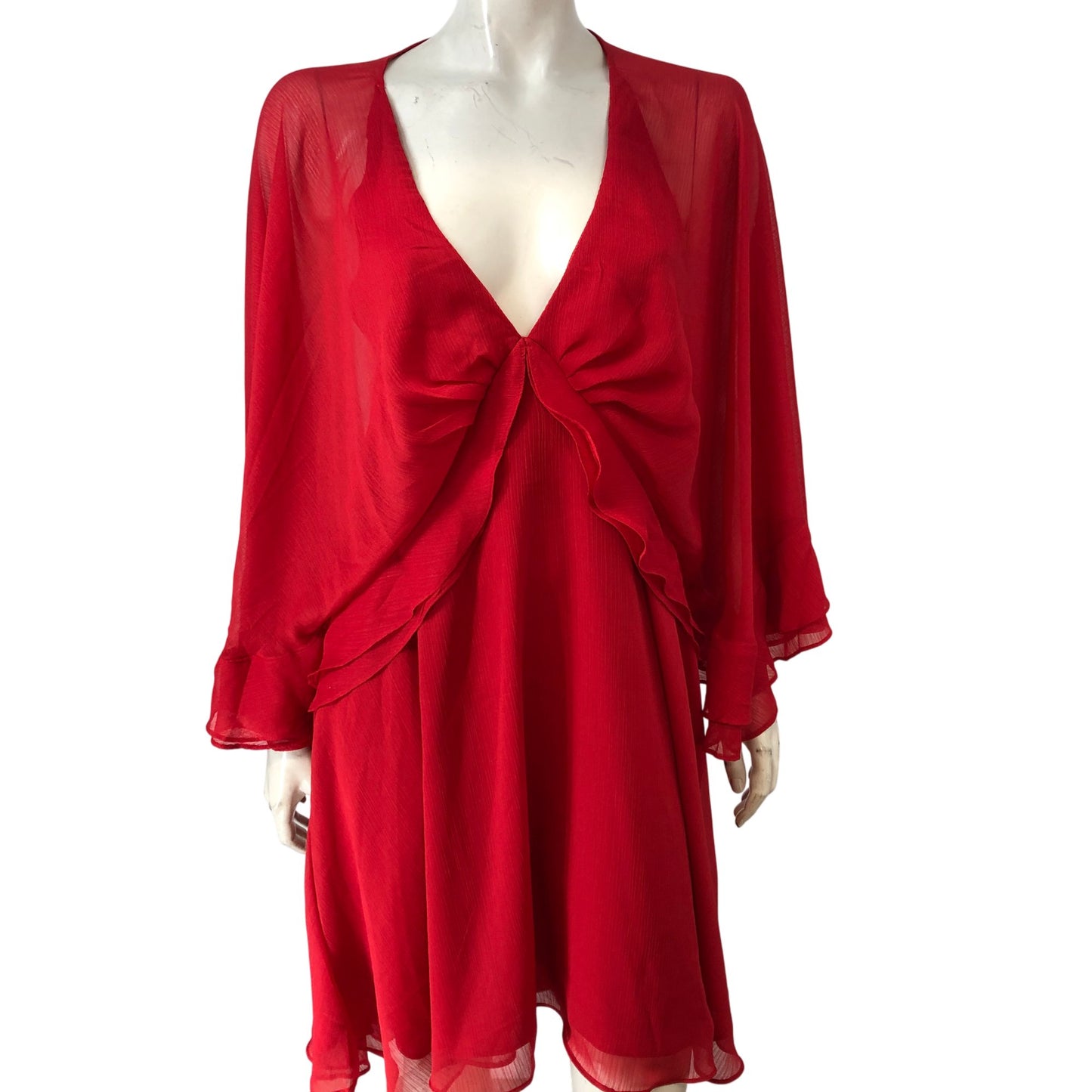 River Island Women's Red Chiffon Dress UK18 Flowy Wrap Style V Neck
