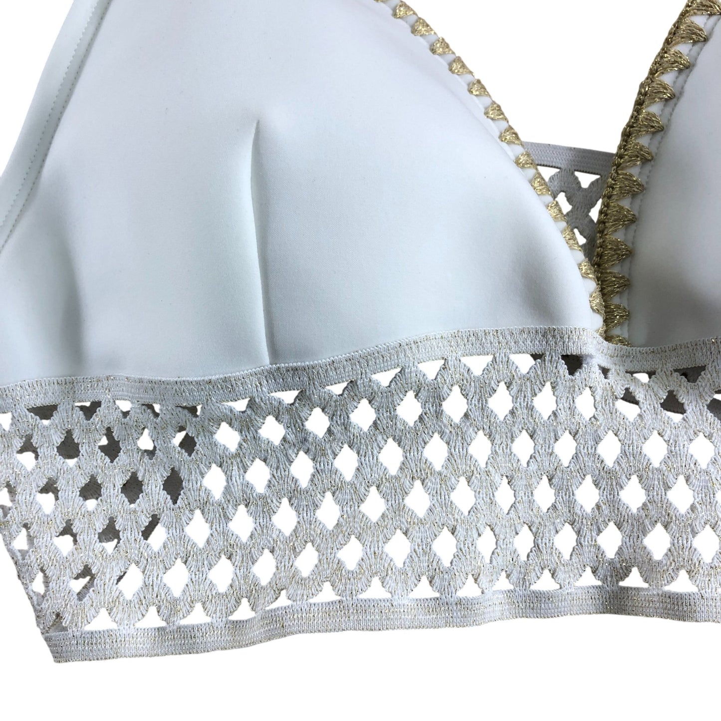 River Island Bikini Top Size UK16 Women's White Gold Trim Swimwear