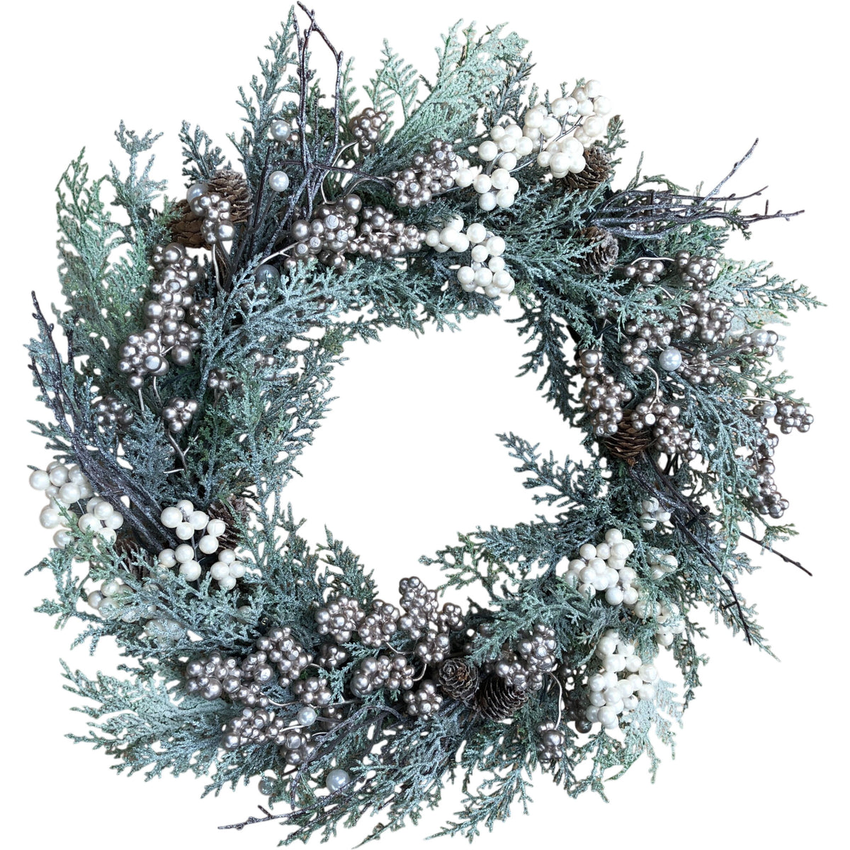 Snowy Lit Christmas Wreath With Berries & Greenery 18"