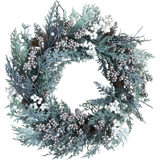 Snowy Lit Christmas Wreath With Berries & Greenery 18"