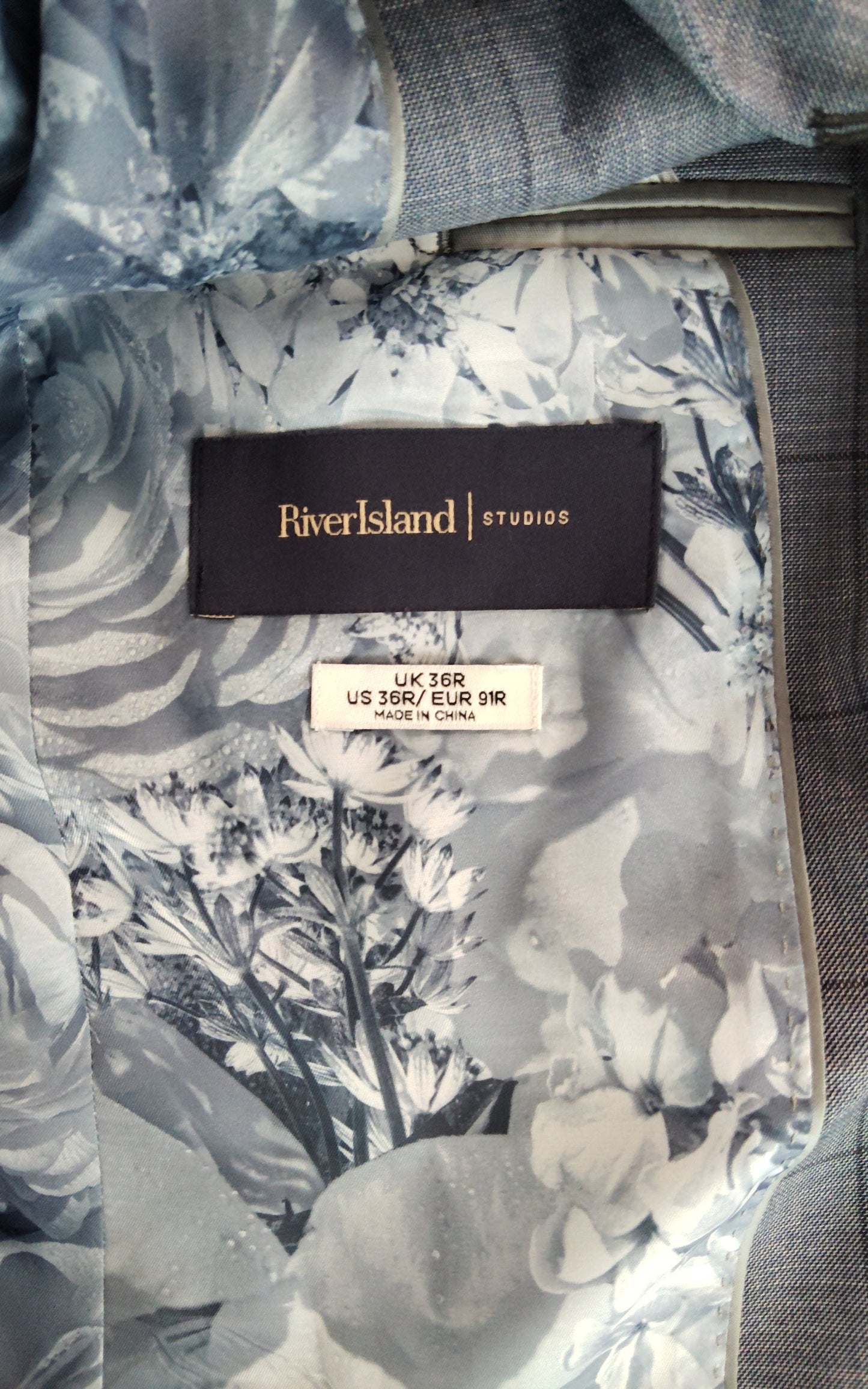 River Island Suit Jacket UK36 R Men's Grey Check Formal Blazer with Floral Liner