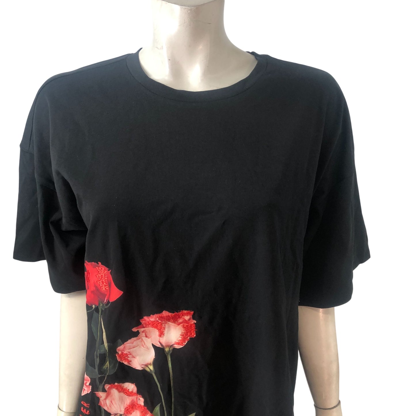 Ted Baker Floral Print T-Shirt UK12 Women's Black Cotton Short Sleeve Top