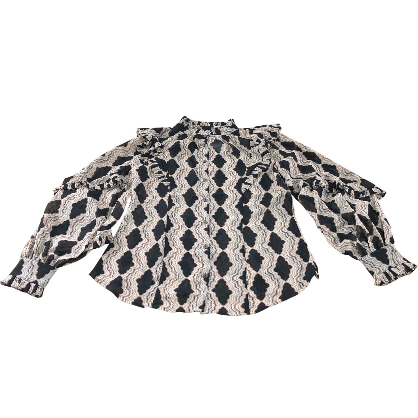 Branded Beige Abstract Print Ruffle Blouse - Size 8