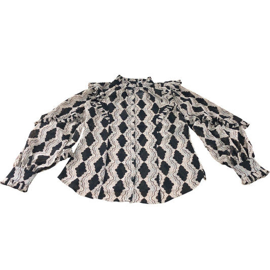 Branded Beige Abstract Print Ruffle Blouse - Size 8
