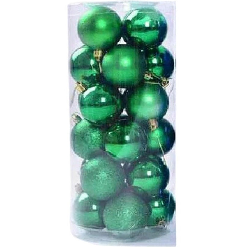Green Christmas Baubles Mini Set Glitter Gloss Finish 24 Pieces