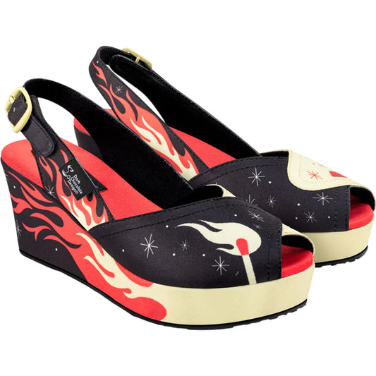 Hot Chocolate Design Women's Slingback Wedge Heels UK3.5 Black Red Flame Print