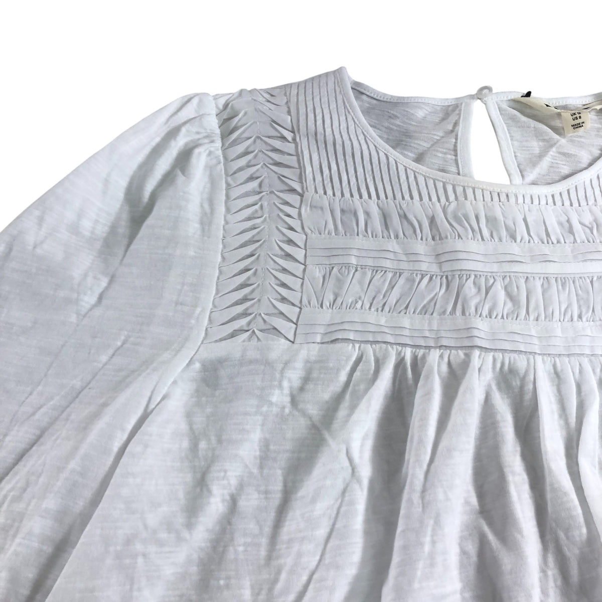 White Long Sleeve Blouse UK12 Women's Pleated Design Cotton Top