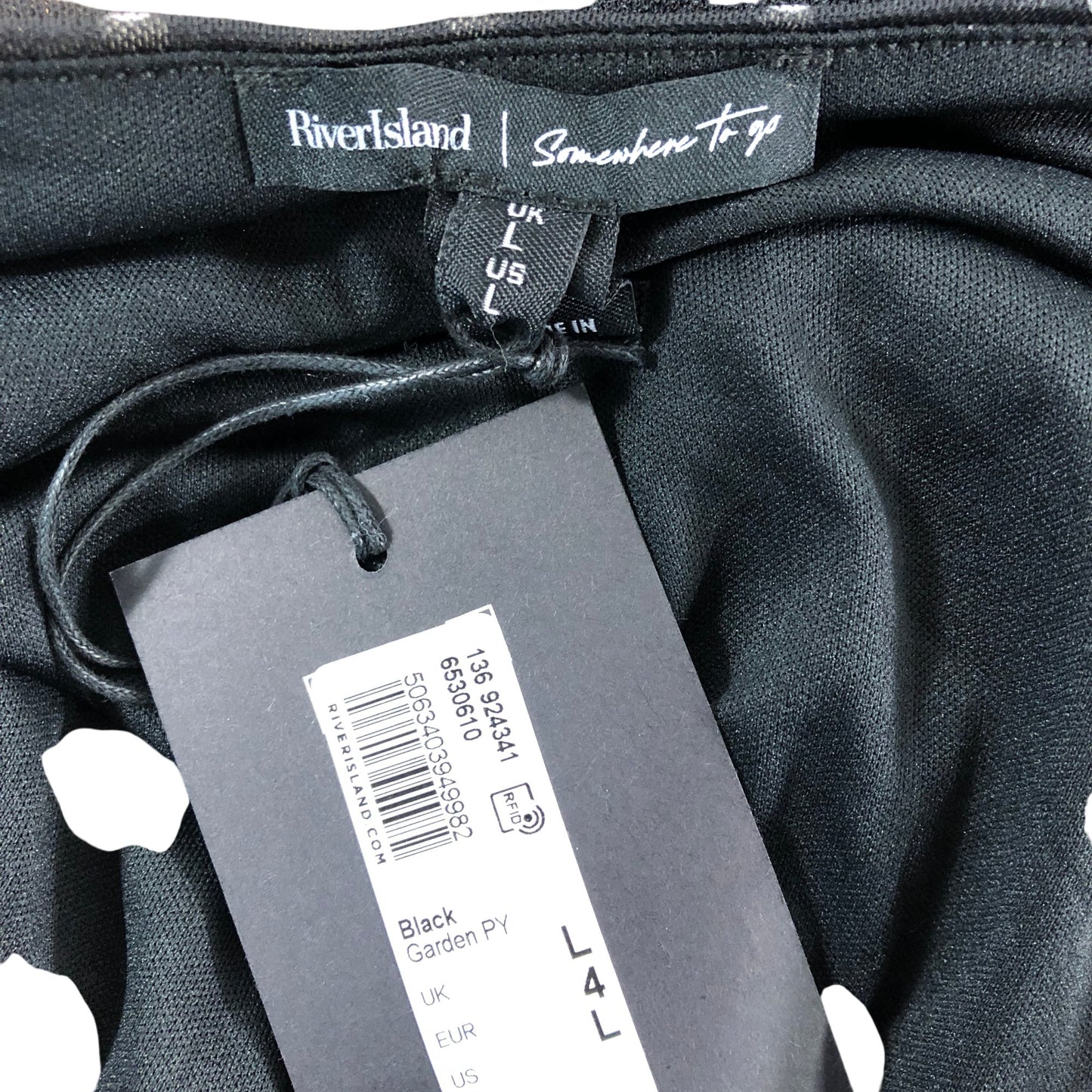 River Island UK14-16 Women's Black Polka Dot Ruched Dress Long Sleeve