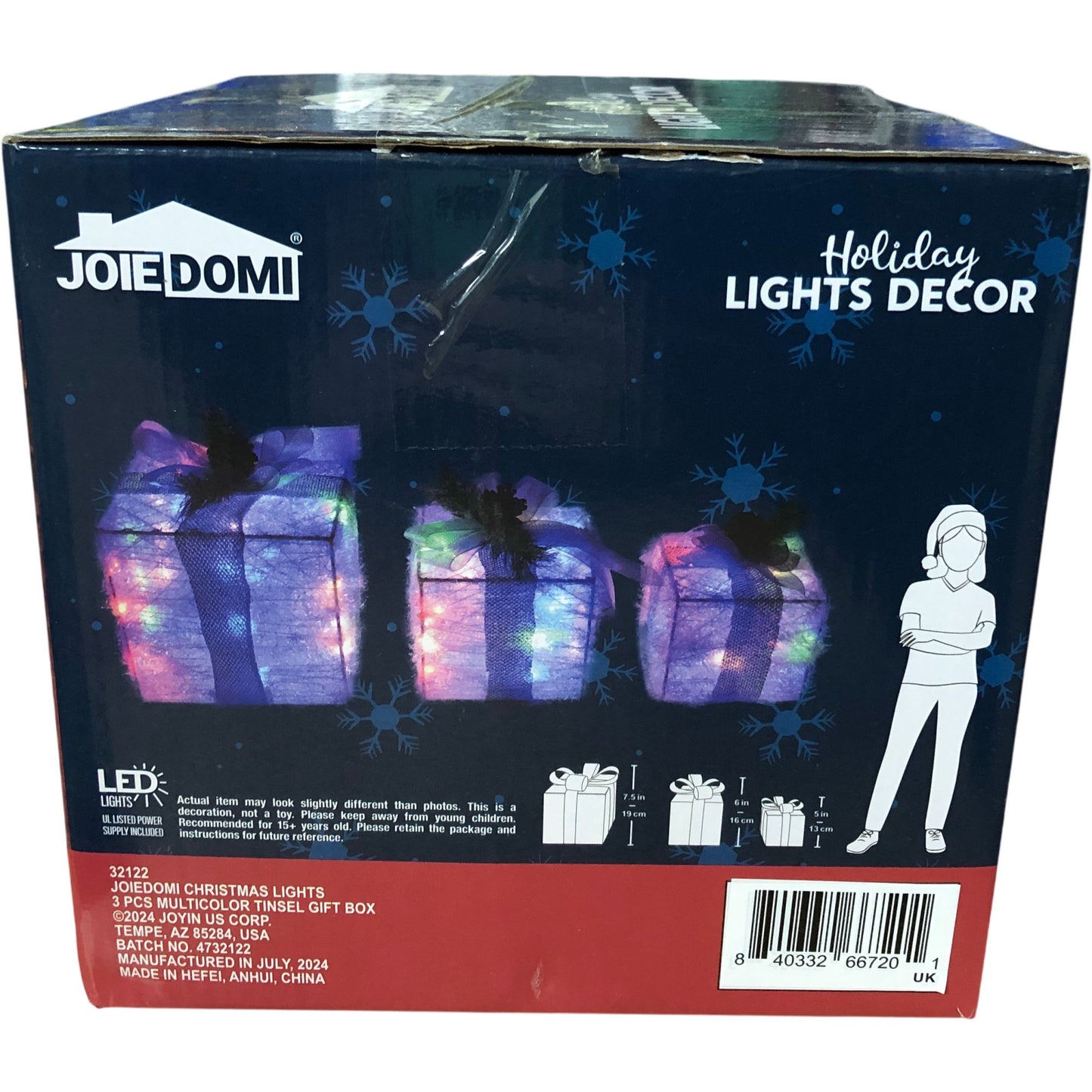 Joie Domi Tinsel Gift Box LED Lights Multicolour Indoor Decorations 3 Pieces