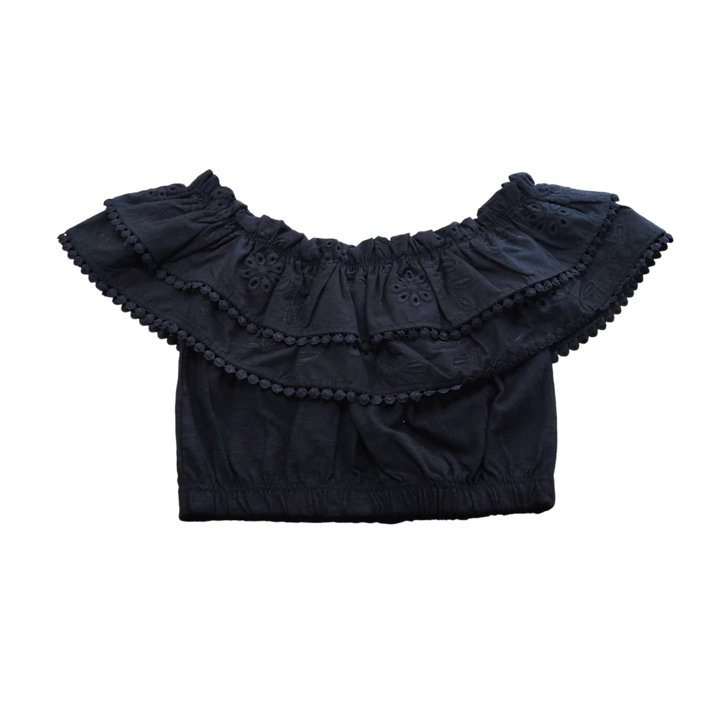 River Island Girls Black Ruffle Top UK7-8 Years Off Shoulder Cotton