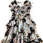 Floral Ruffle Maxi Dress Women's Black Cream Leaf Print UK8