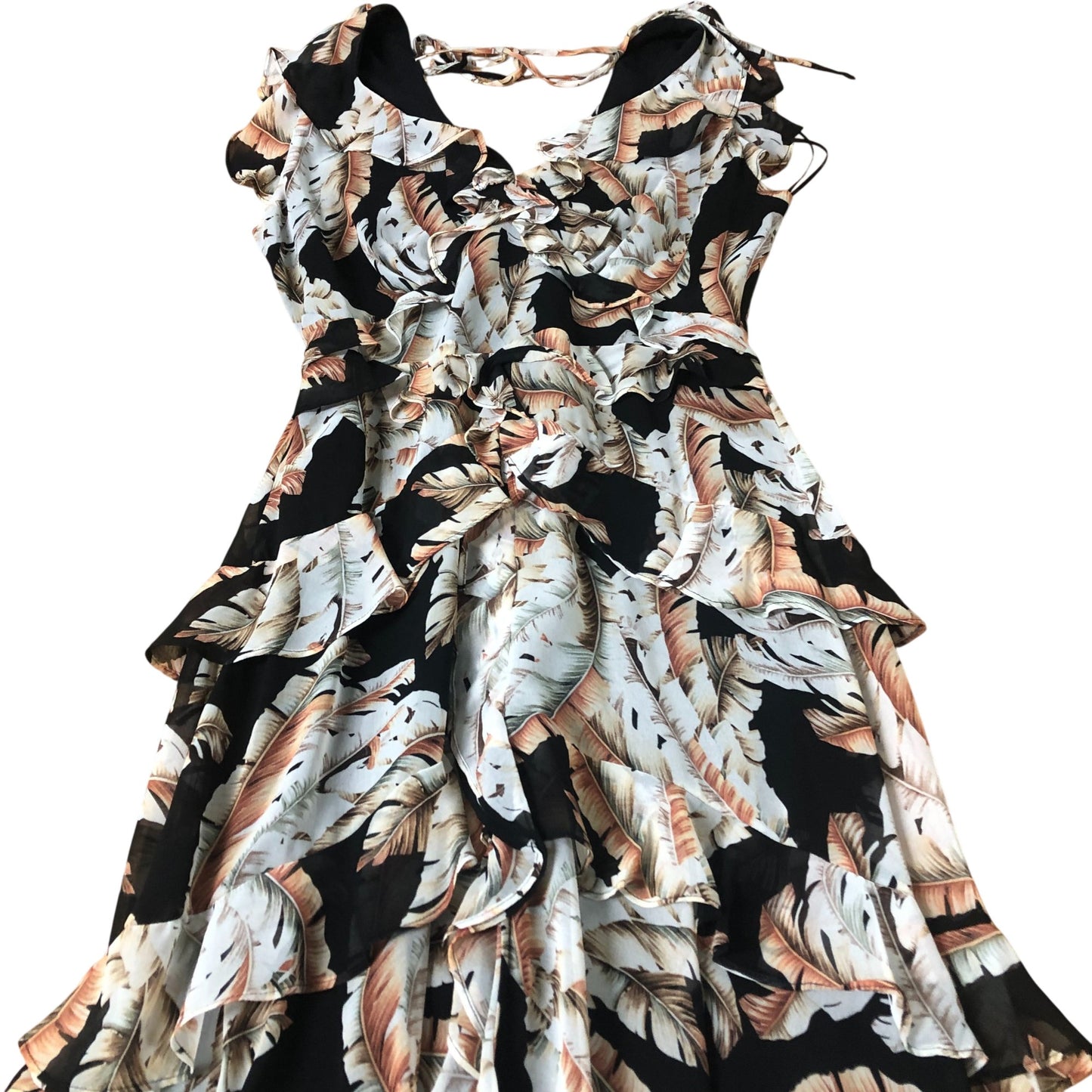 Floral Ruffle Maxi Dress Women's Black Cream Leaf Print UK8