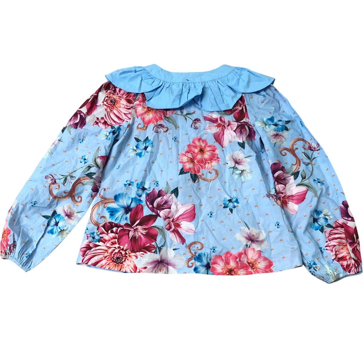 Floral Blouse 10Y Girls Long Sleeve Blue Cotton Floral Design