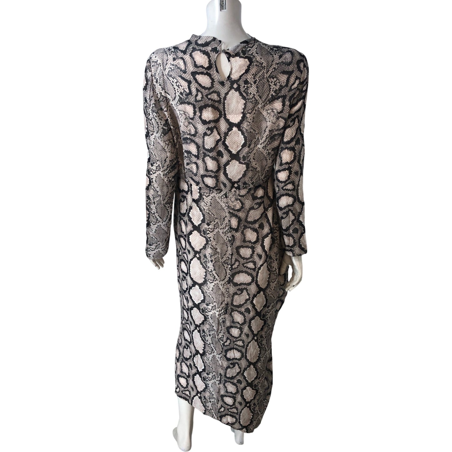 AllSaints Rizo Dress UK12 Women's Long Sleeve Snakeskin Print Ecru Midi