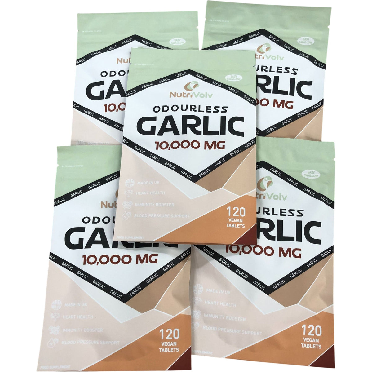 NutriVolv Odourless Garlic 10,000 MG Vegan Tablets 120 Dietary Supplement X5