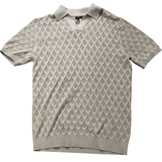 River Island V-Neck Polo Sweater Size S Beige Diamond Knit Short Sleeve