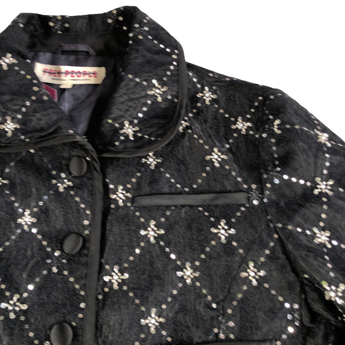 Embellished Cropped Jacket Women's Black Sequined Quilted Size Medium