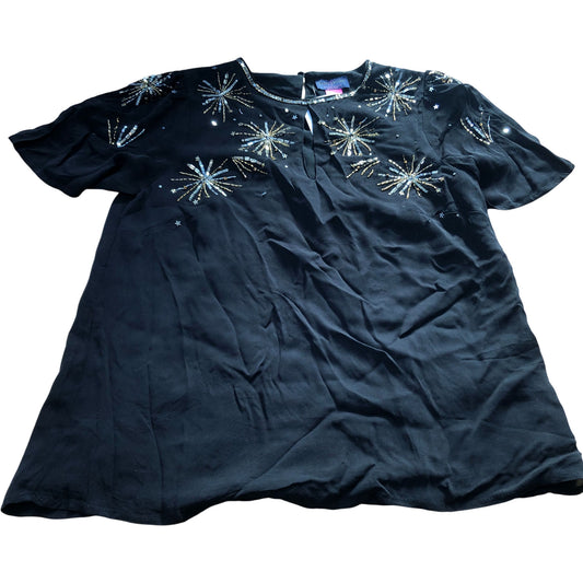 Beaded Embellished Top UK14 Women's Black Short Sleeve Party Style