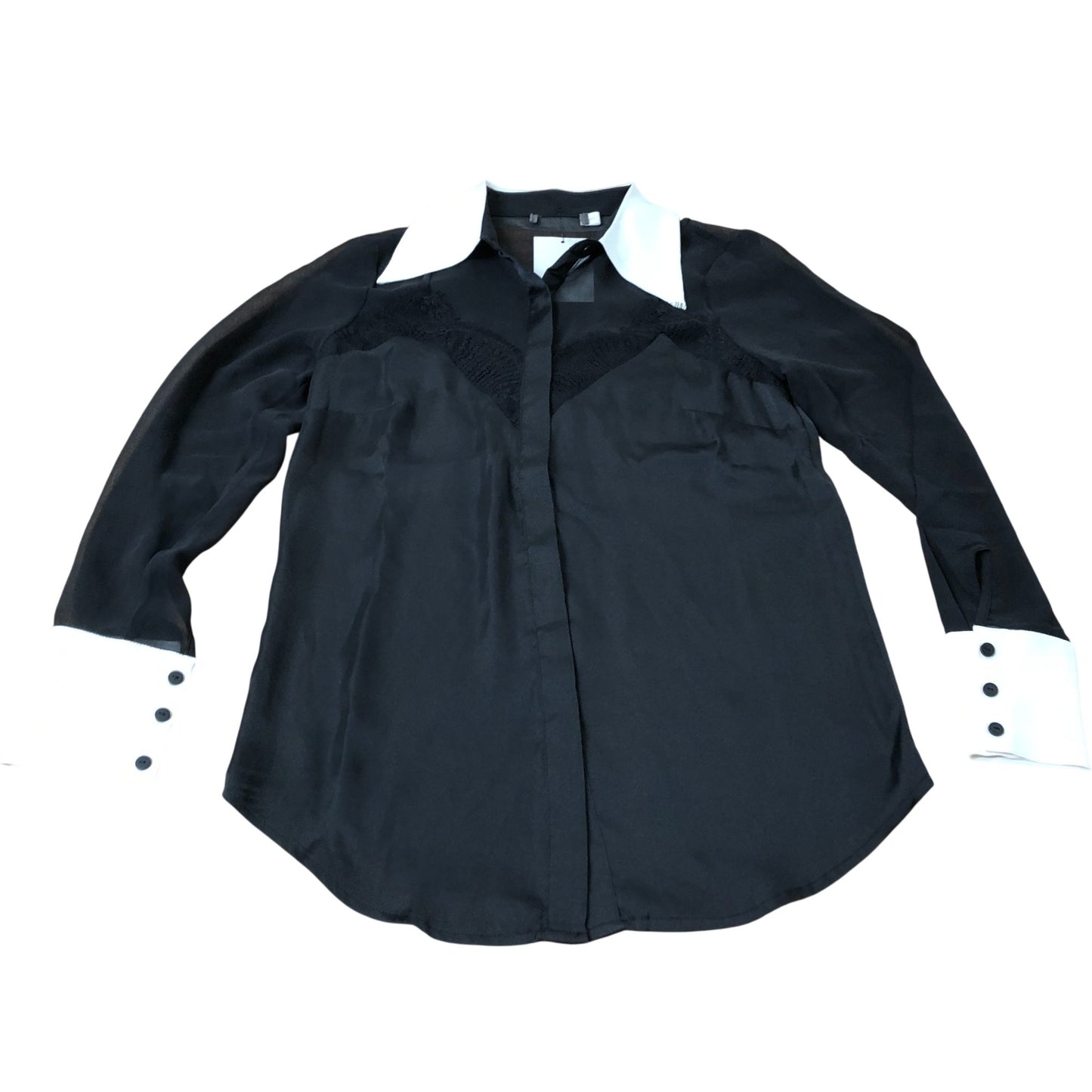 Branded Black Shirt UK8 Women's Long Sleeve Sheer Satin with White Collar