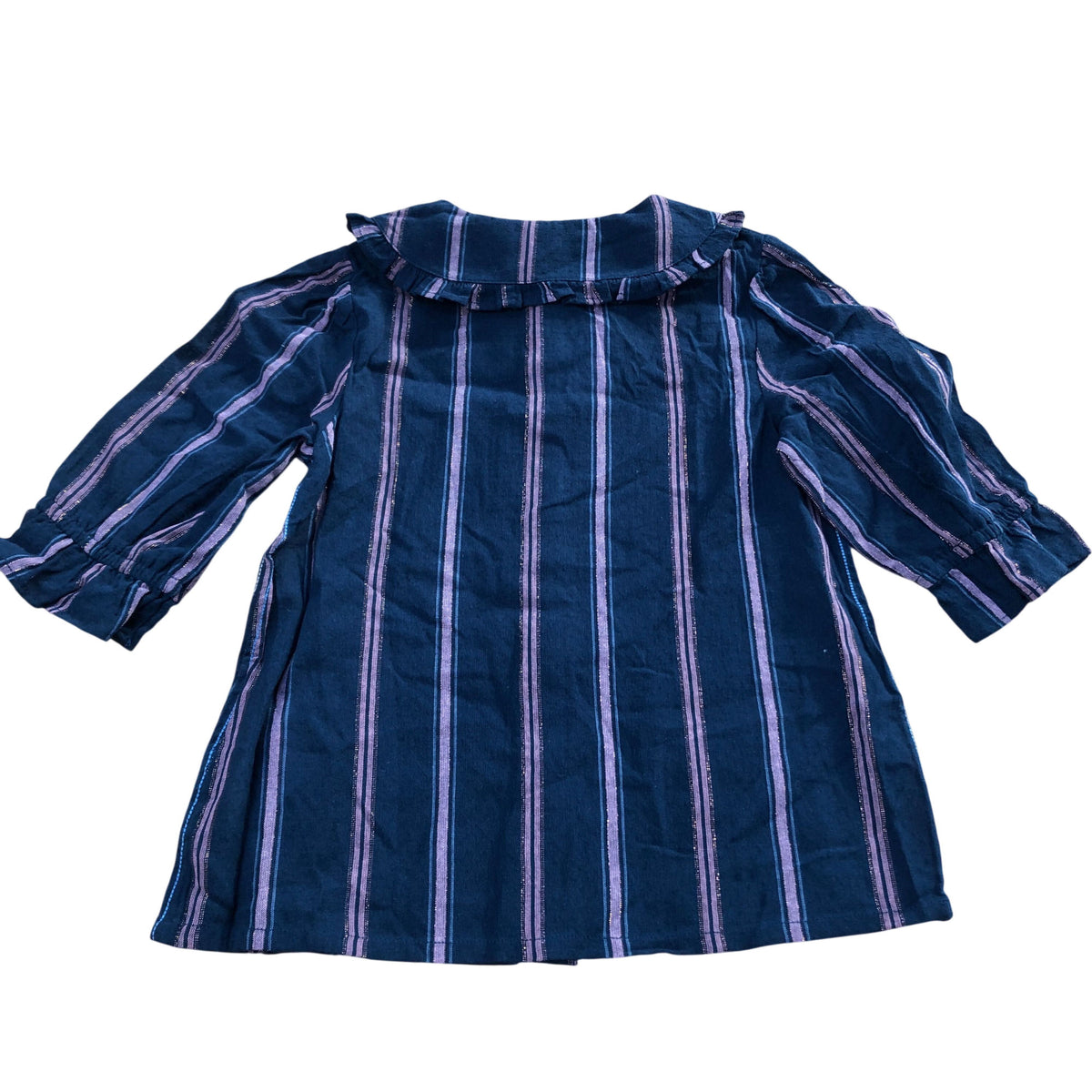 Girls' Blouse Striped Navy Cotton Top With Ruffle Collar 5-6 Years