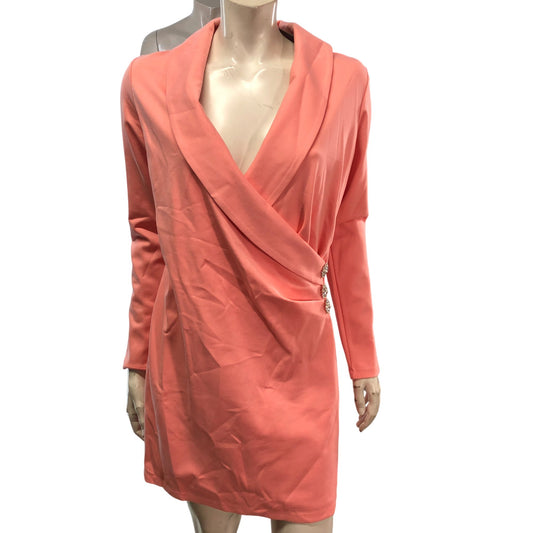 River Island Light Pink Dress Women's Long Sleeve Deep V-Neck Look Size UK 12-14