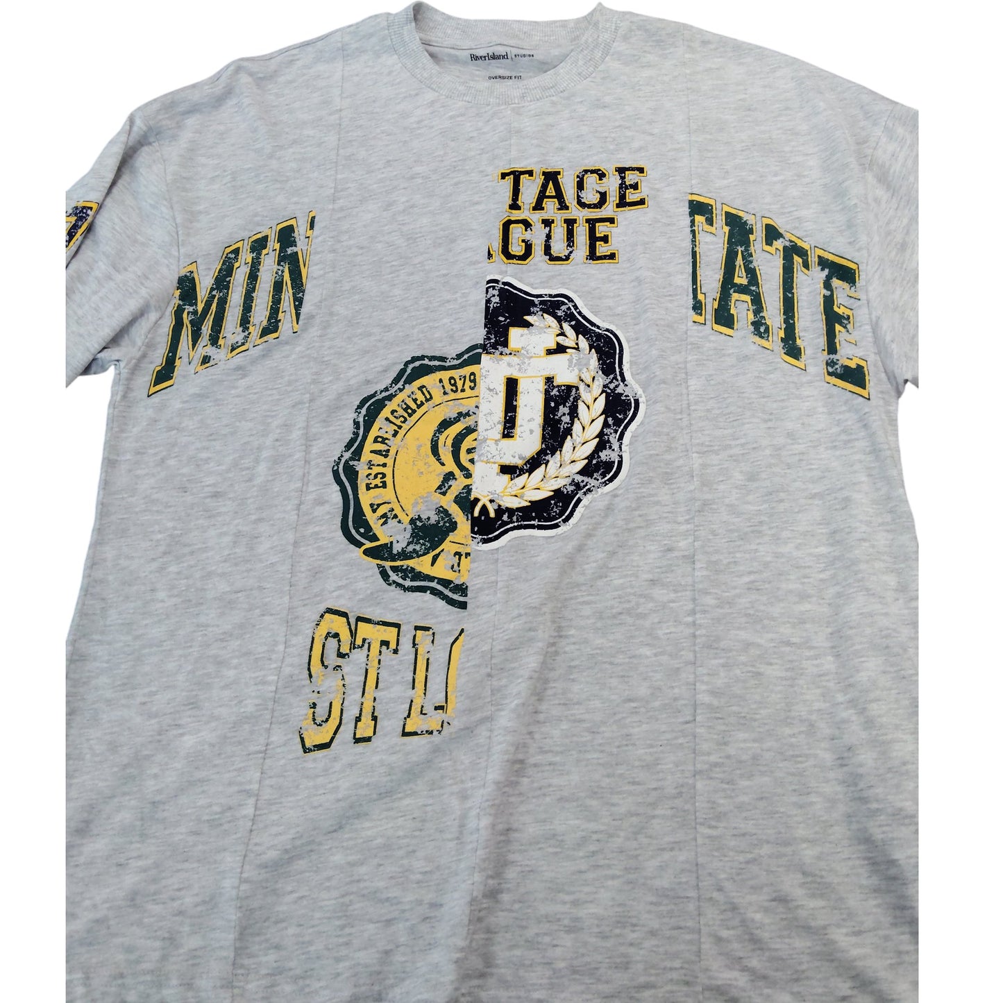 River Island Oversized T-Shirt Men's Vintage League Graphic Grey Large