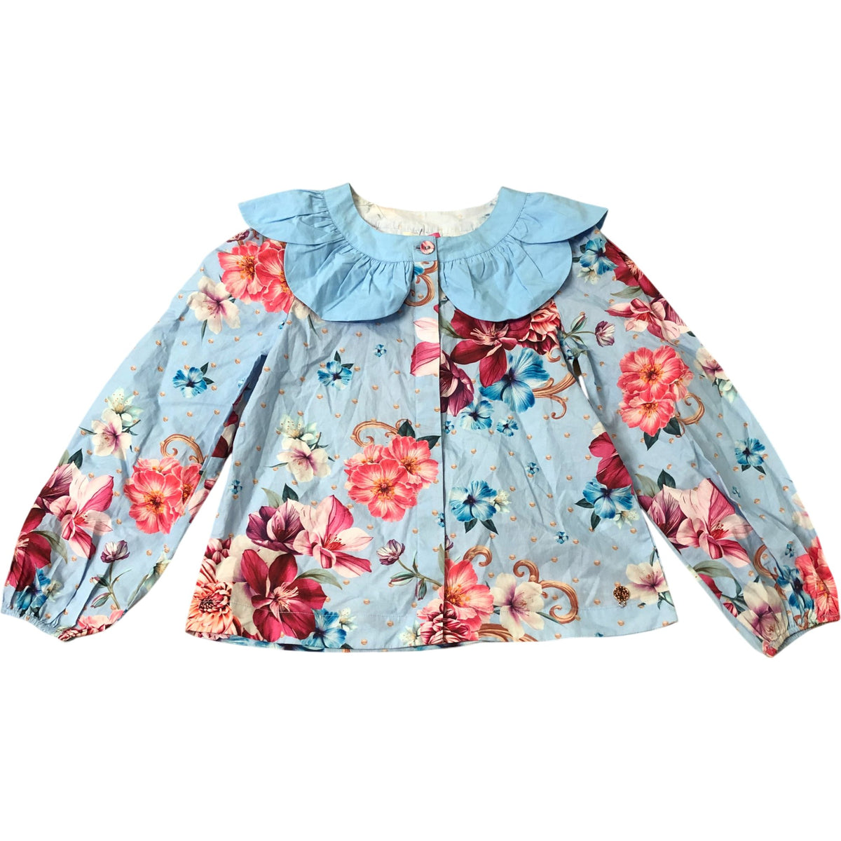 Floral Blouse 10Y Girls Long Sleeve Blue Cotton Floral Design