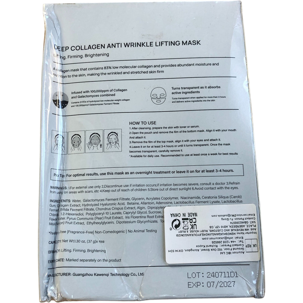 Anti Wrinkle Lifting Mask 3 Plus 1 Collagen Firming Skin Care Treatment
