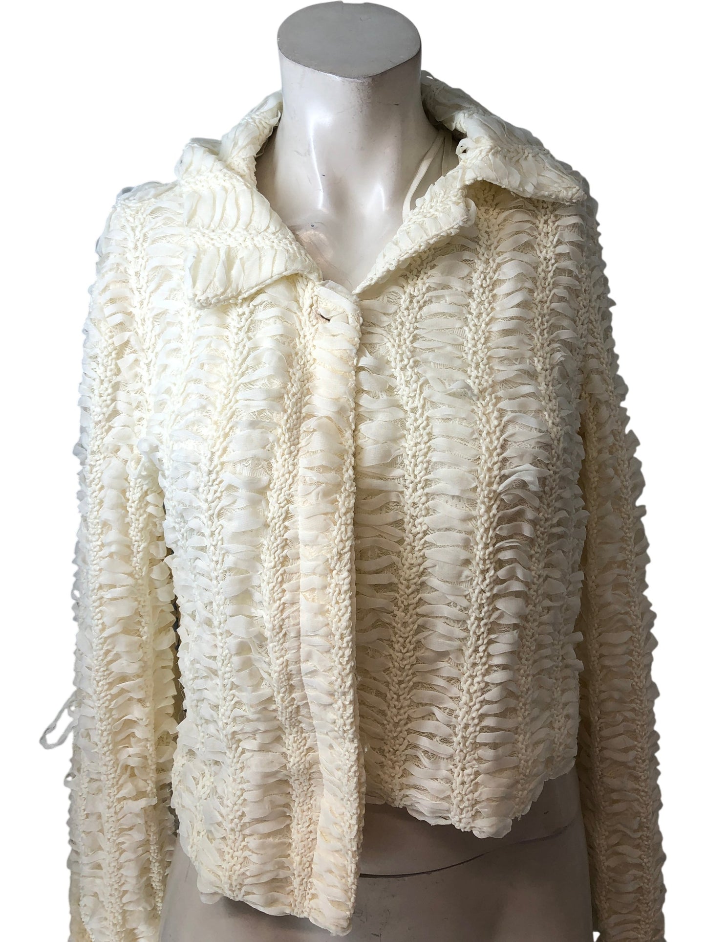 River Island Cream Cropped Jacket UK8 Women's Frill Textured Blazer Coat