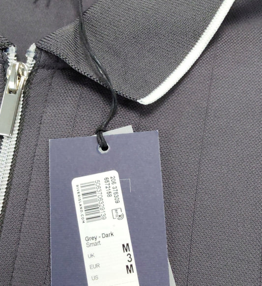 River Island Mens Zip Polo Shirt M Grey Dark Stylish Long Sleeve
