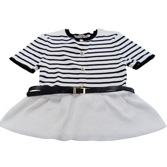 Striped Midi Dress With Belt UK L Women's Black White Knit Flared Skirt