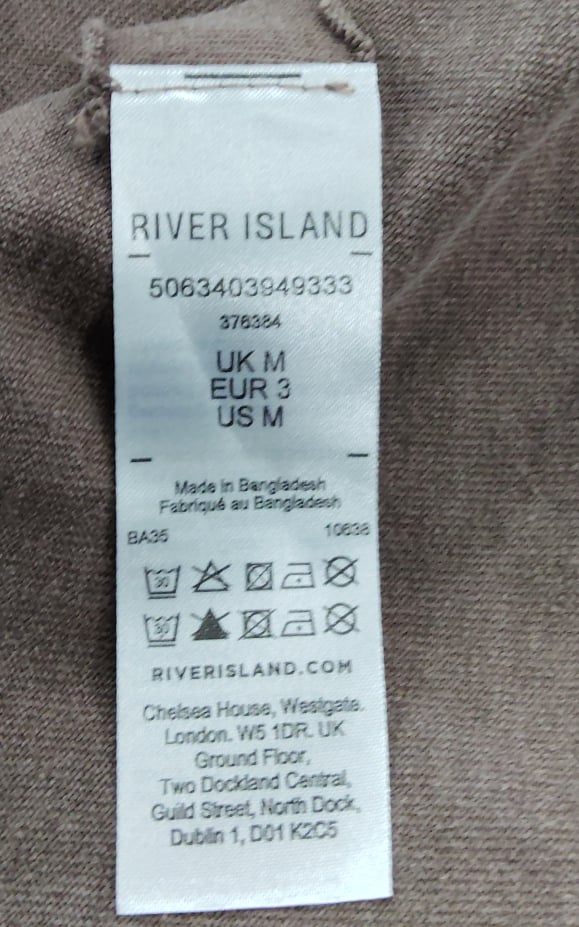 River Island Brown T-Shirt UK M Men's Casual Wear 100% Cotton Short Sleeve