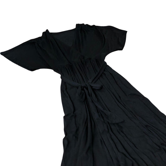 Maxi Dress Women's Black V Neck Short Sleeve Tie Waist UK12